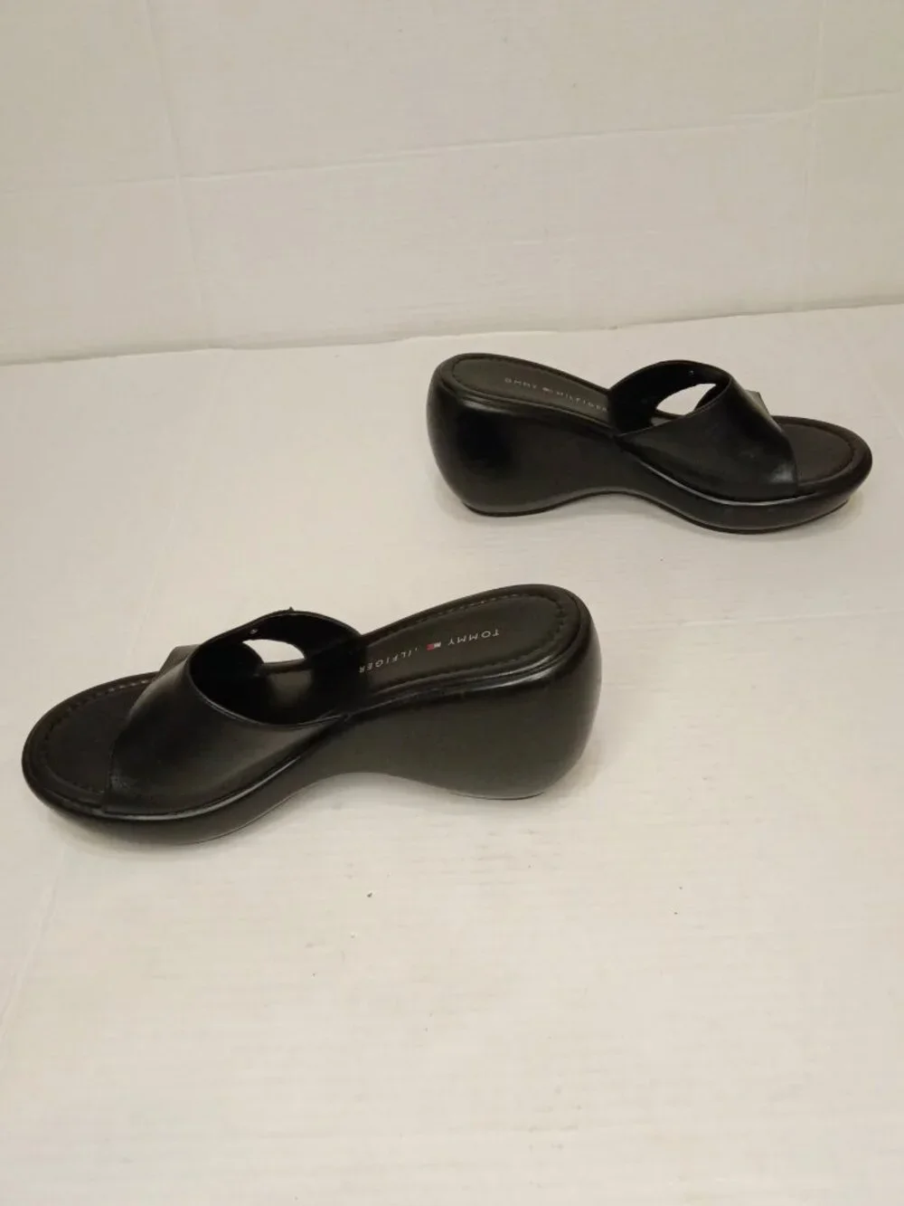 Tommy Hilfiger Black Leather Y2K Platform Wedge Slides Women’s Size 9M